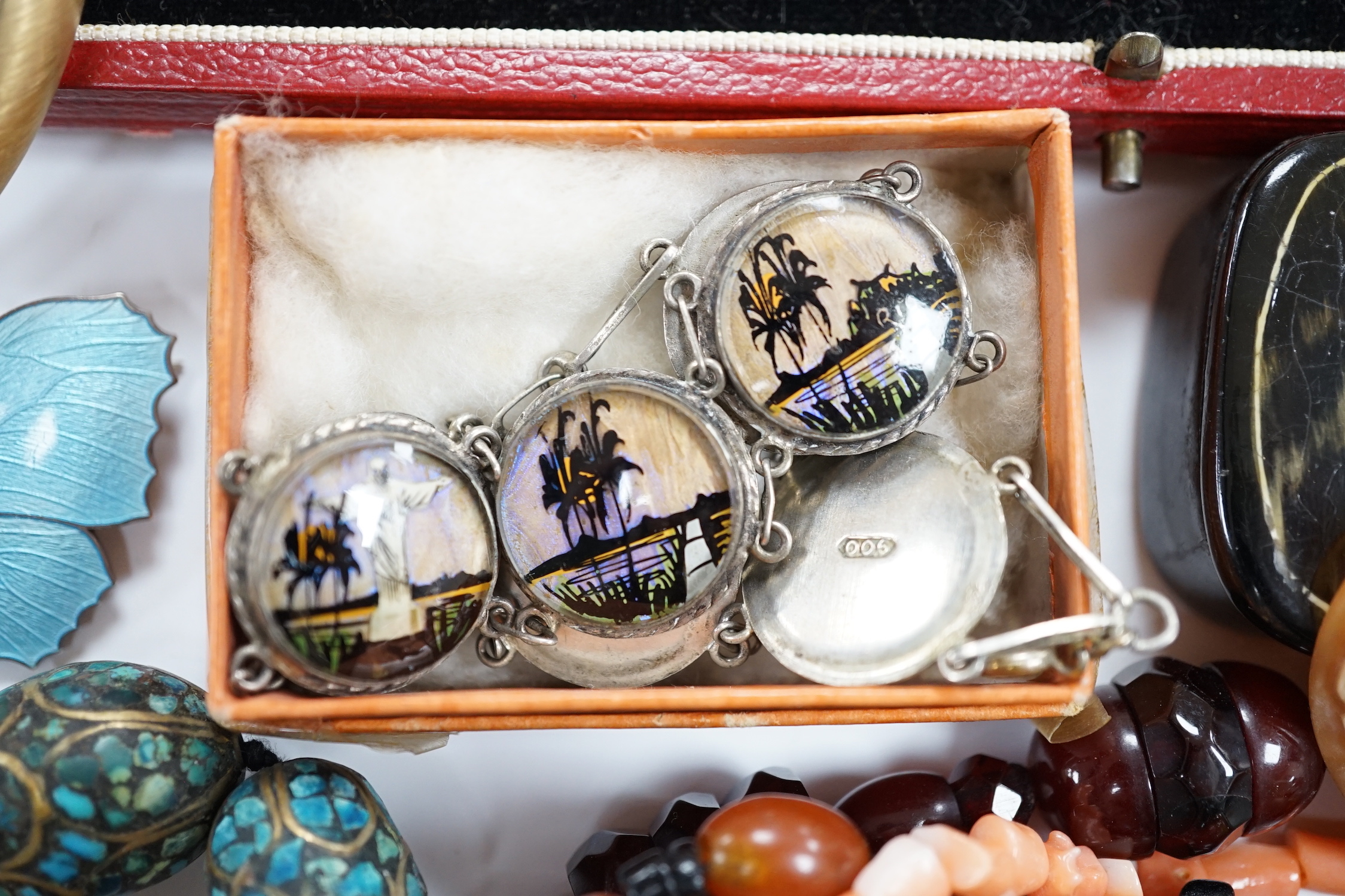 A group of assorted antique and later jewellery, including costume, paste set bracelet, gold plated albert, cameo shell brooch, micro mosaic brooch, silver and enamelled butterfly brooch, etc.